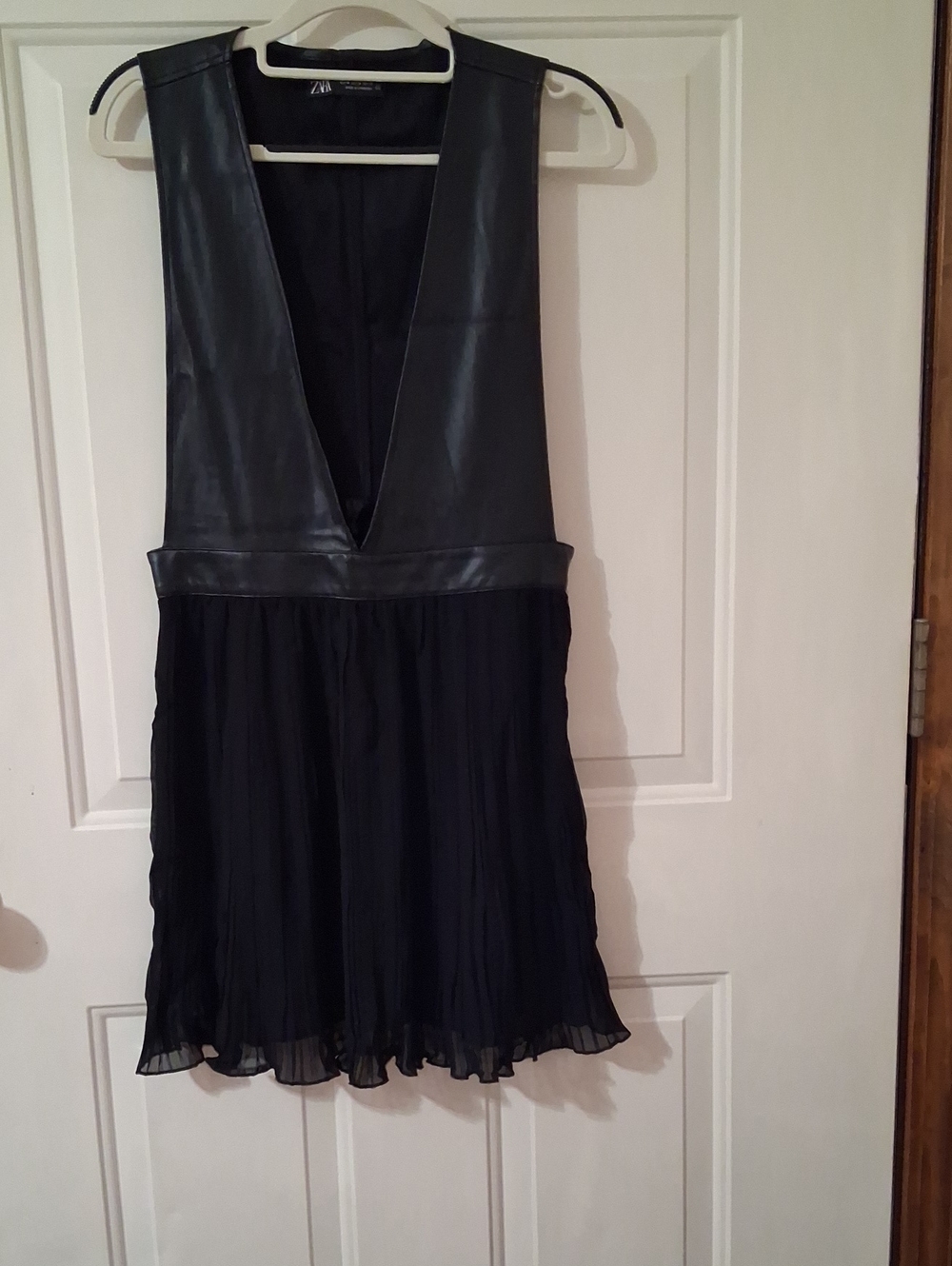 Zara Black Faux Leather V-Neck Pleated Skater Dress.